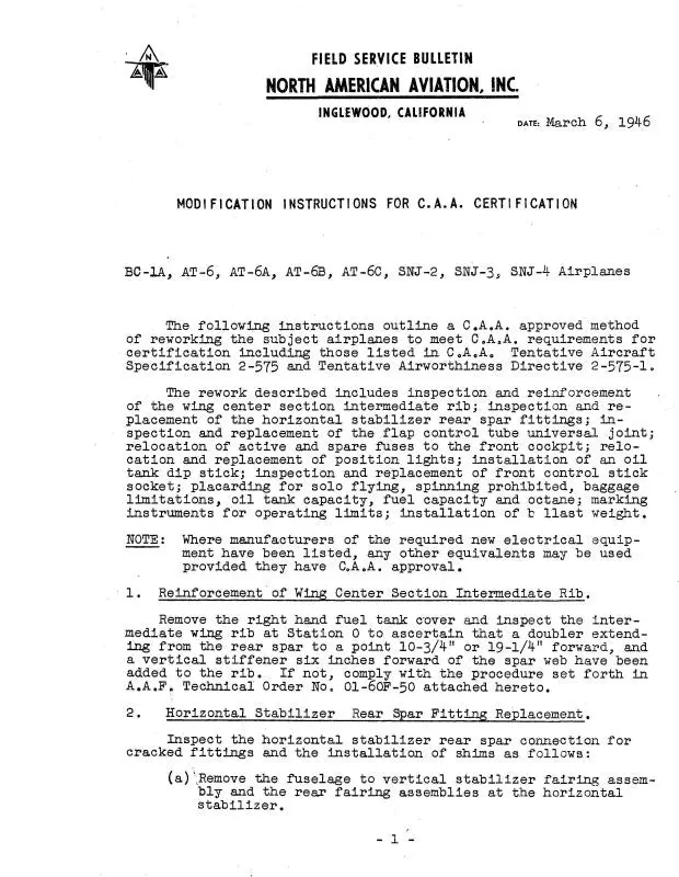 North American At-6,A,B,C & Snj-2,3,4 1946 Modification For C.A.A. Certification (Naat6,A-46-Modc) 1