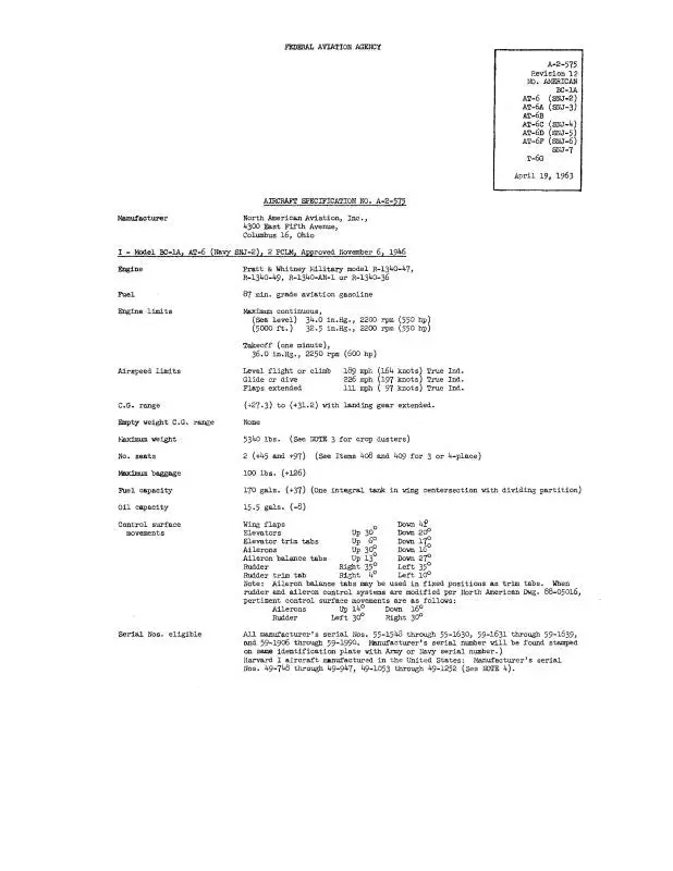 North American At-6 (Snj-2) 1963 Aircraft Specification (Spec.-No.-A-2-5) 1