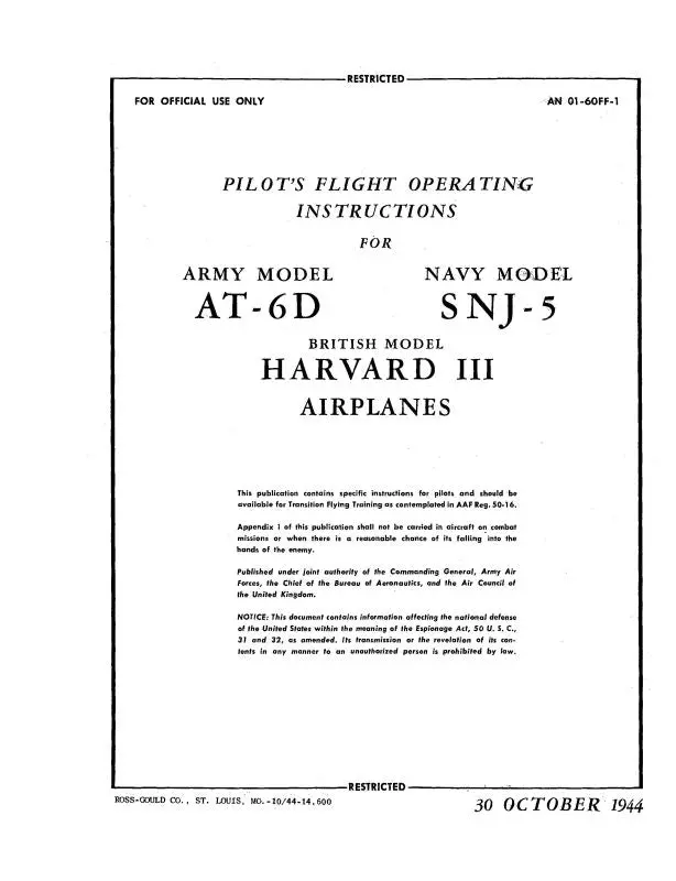 North American At-6D, Snj-5 1944 Flight Manual (01-60Ff-1) 1
