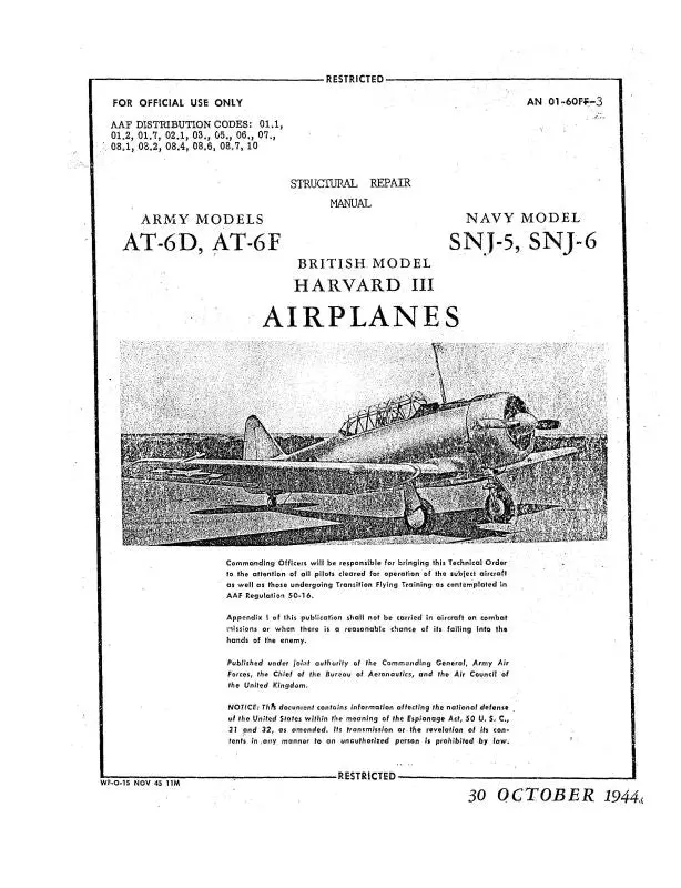 North American At-6,D,F, Snj-5,6 1944 Structural Repair Manual (An-01-60Ff-3) 1
