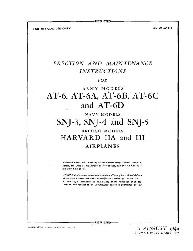 North American At-6,A,B,C,D Snj-3,4,5 1944 Maintenance & Erection& Structural Repair (An-01-60F-2) 1