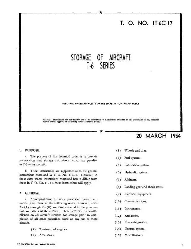 North American T-6 1954 Storage Of Aircraft Instructions (1T-6C-17) 1