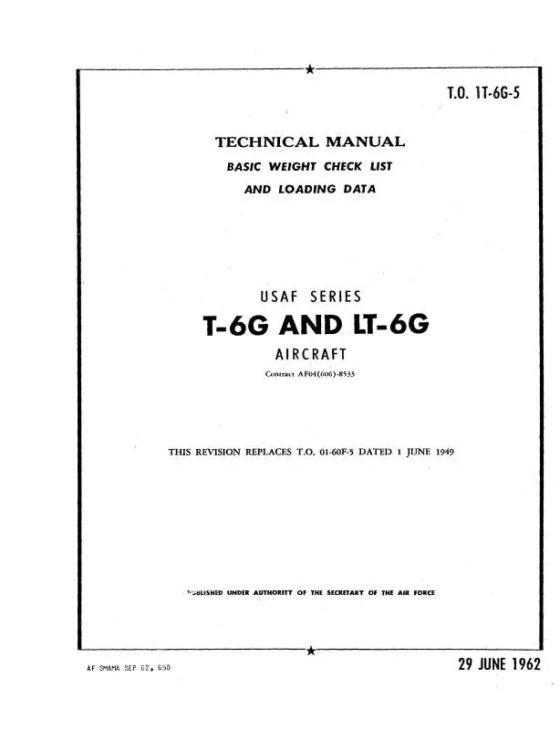 North American T-6G & Lt-6G 1962 Basic Weight Checklist & Loading Data (1T-6G-5) 1