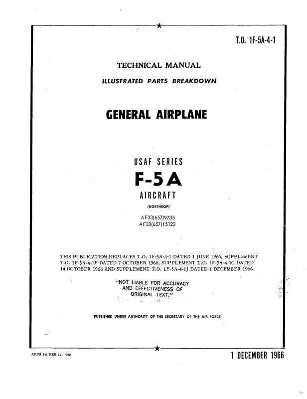 Northrop Aircraft Inc. F-5A General Airplane 1966 Illustrated Parts Breakdown (1F-5A-4-1) 1