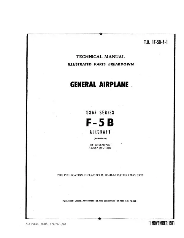 Northrop Aircraft Inc. F-5B General Airplane 1971 Illustrated Parts Breakdown (1F-5B-4-1) 1