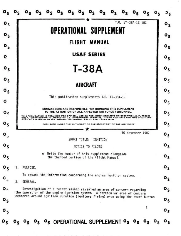 Northrop Aircraft Inc. T-38A 1987 Operational Supplement Flight Manual (1T-38A-1S-153) 1
