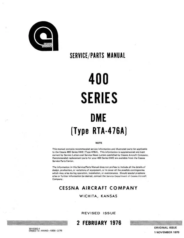 Cessna 400 Dme Rta-476A 1976 Maintenance & Parts Manual (D4563-13) 1