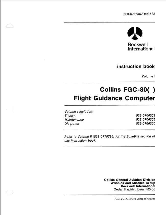 Collins Fgc-80( ) Flight Guidance Computer Instruction Book Volume 1 (523-0766557-00311A) 1