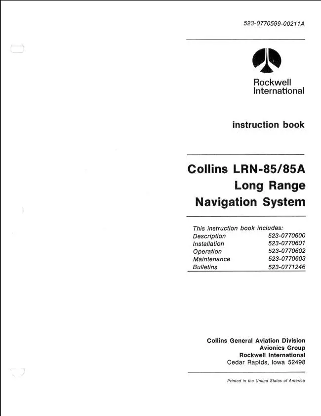 Collins Lrn-85-85A Long Range Navigation System Instruction Book (523-0770599-00211A) 1