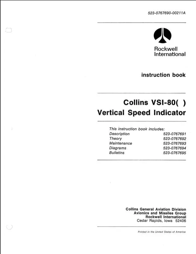Collins Vsi-80( ) Vertical Speed Indicator Instruction Book (523-0767690-00211A) 1