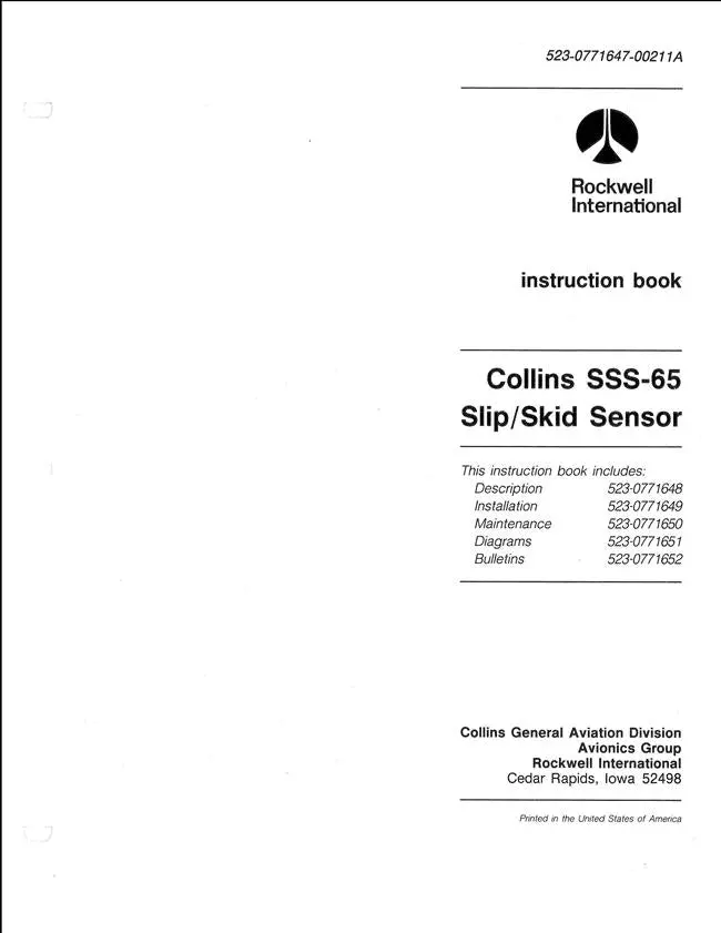 Collins Sss-65 Slip-Skid Sensor Instruction Book (523-0771647-00211A) 1