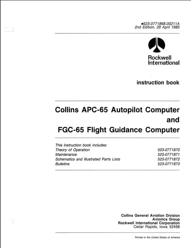 Collins Apc-65 Autopilot Computer & Fgc-65 Flight Guidance Computer Instruction Book (523-0771868-00211A) 1