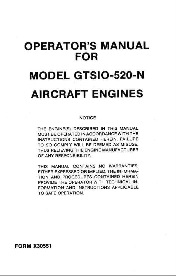 Continental Model Gtsio-520-N Operator's Manual 1980 (X30551) 1