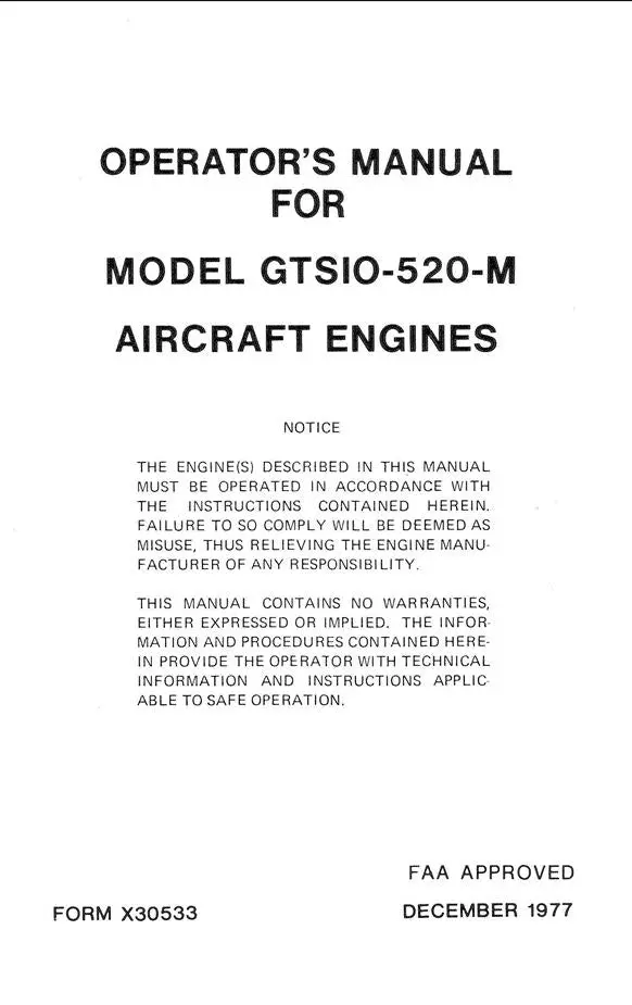 Continental Model Gtsio-520-M Operator's Manual 1977 (X30533) 1