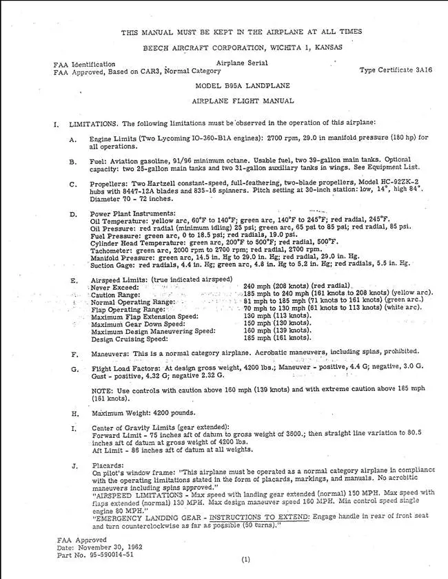 Beech B95a Landplane Airplane Flight Manual (Certificate 3A16) 1
