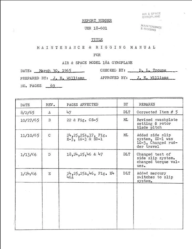 Air & Space Model 18A Gyroplane Maintenance & Rigging Manual 1965 (Report No. Uer 18-601) 1