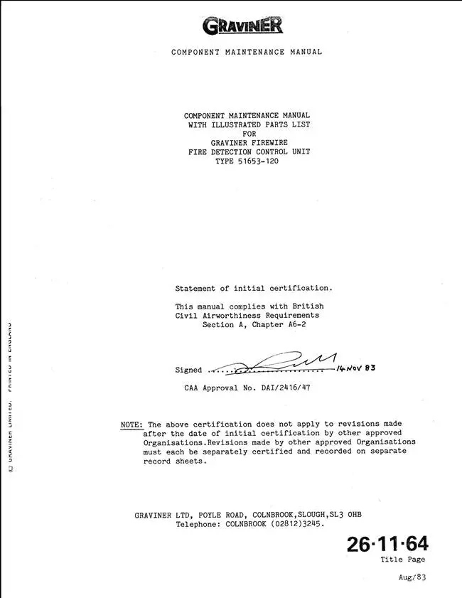 Graviner Fire Detection Control Unit Type 51653-120 Component Maintenance Manual-Illustrated Parts List (26-11-64) 1