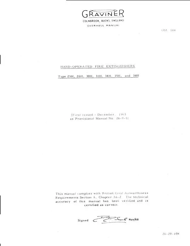 Graviner Hand-Operated Fire Extinguishers Type 25H, 26H, 30H, 31H, 34H, 35H, 38H 1963 Overhaul Manual (26-20-108) 1