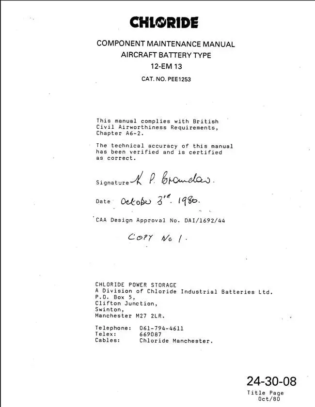 Chloride Aircraft Battery Type 12-Em 13 1980 Component Maintenance Manual (24-30-08) 1
