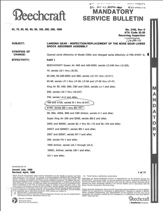 Beech Mandatory & Optional Service Bulletins 1