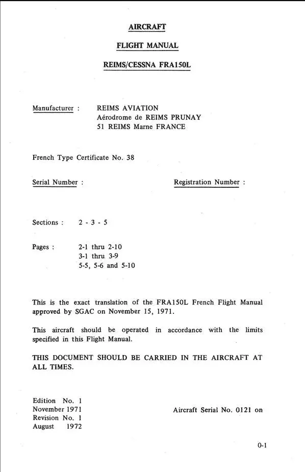 Cessna-Reims Fra150l Flight Manual (In English) (D1008-13-Ces-100-4/73) 1