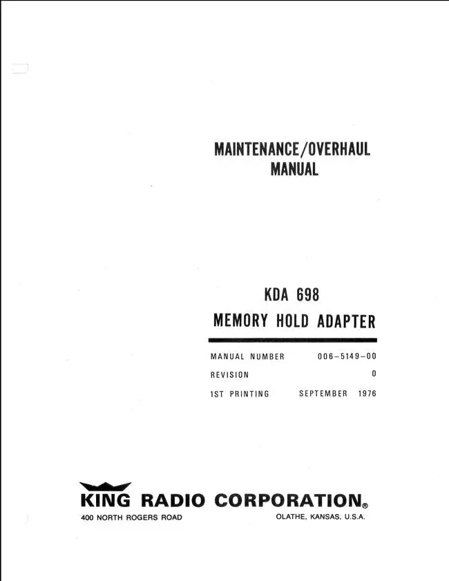 King Kda 698 Memory Hold Adapter Maintenance-Overhaul Manual (006-5149-00) 1