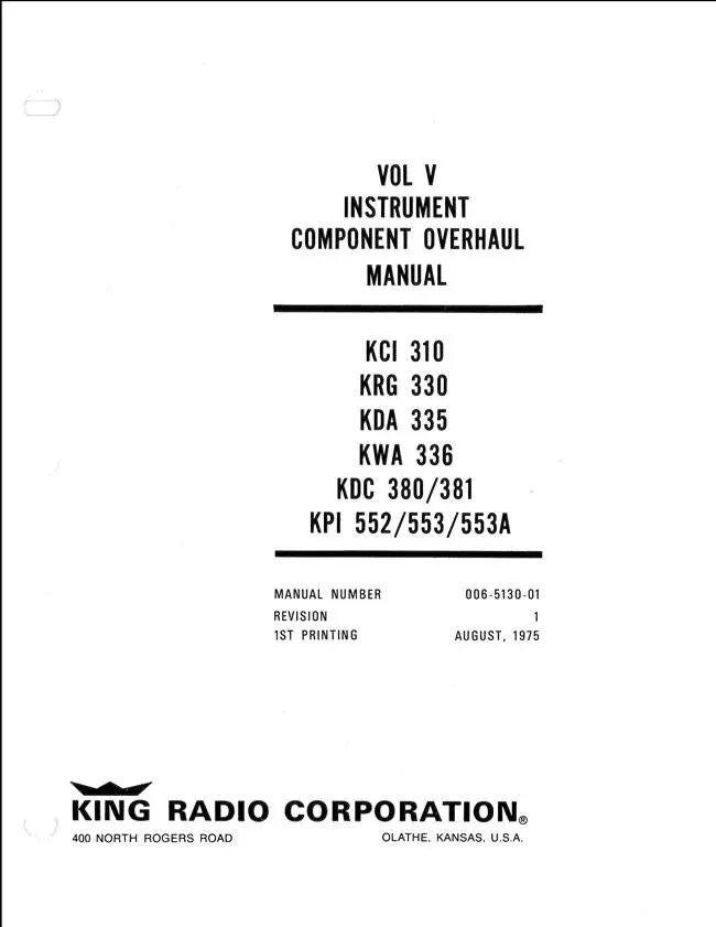 King Kfc 300 Vol. V Kci 310, Krg 330, Kda 335, Kwa 336, Kdc 380-381, Kpi 552-553 Component Overhaul Manual (006-5130-01) 1