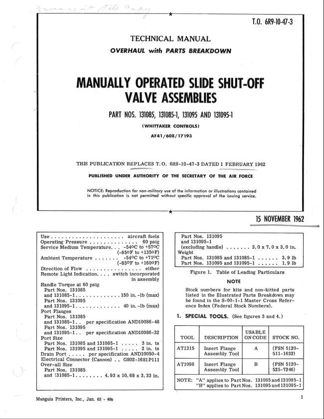 Whittaker Manually Operated Slide Shut-Off Valve Assemblies 1962 Overhaul-Parts Technical Manual (T.O. 6R9-10-47-3) 1