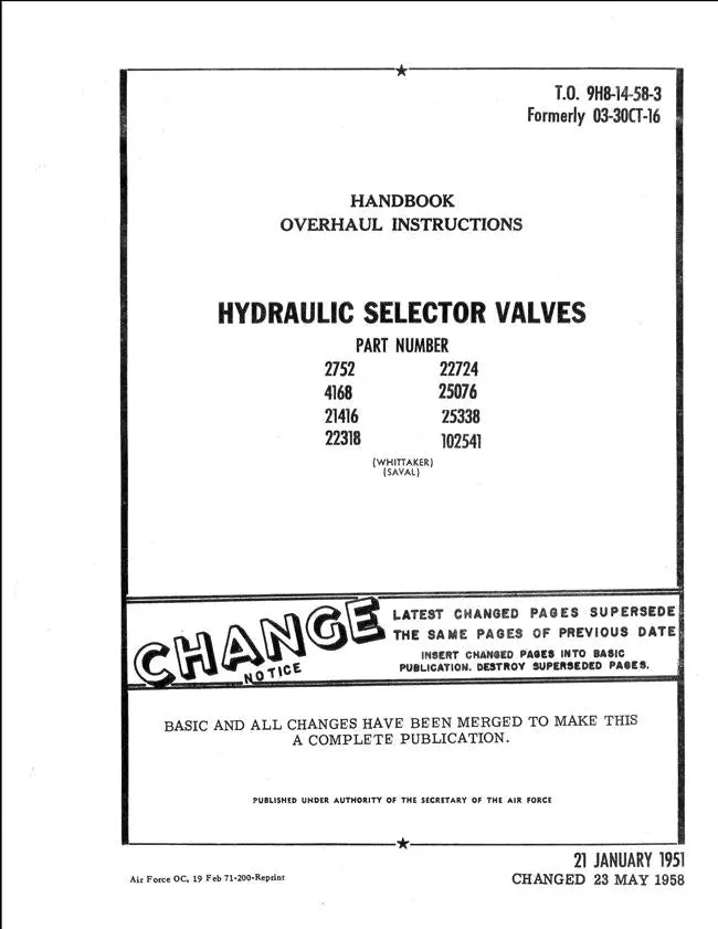 Whittaker Hydraulic Selector Valves 1958 Overhaul Instructions (T.O. 9Hb-14-58-3) 1