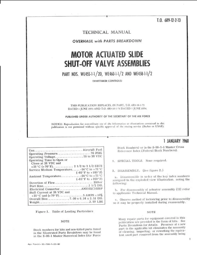 Whittaker Motor Actuated Slide Shut-Off Valve Assemblies Overhaul & Parts Technical Manual (T.O. 6R9-12-2-13) 1