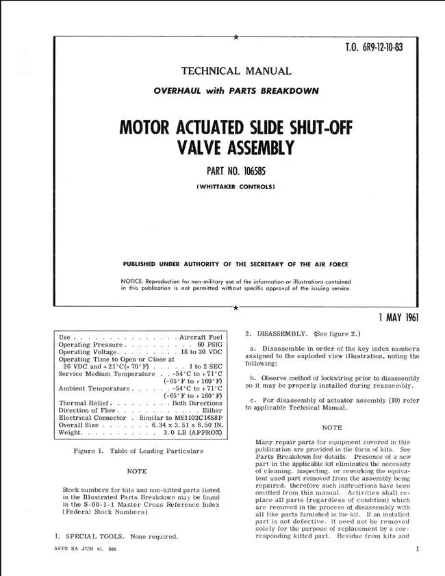 Whittaker Motor Actuated Slide Shut-Off Valve Assemblies 1961 Overhaul & Parts Technical Manual (T.O. 6R9-12-10-83) 1