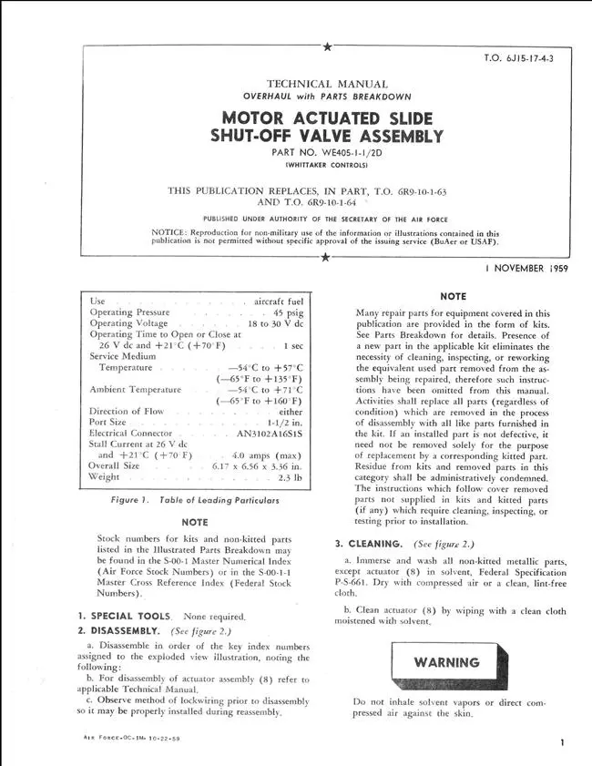 Whittaker Motor Actuated Slide Shut-Off Valve Assembly 1959 Overhaul & Parts Technical Manual (T.O. 6J15-17-4) 1