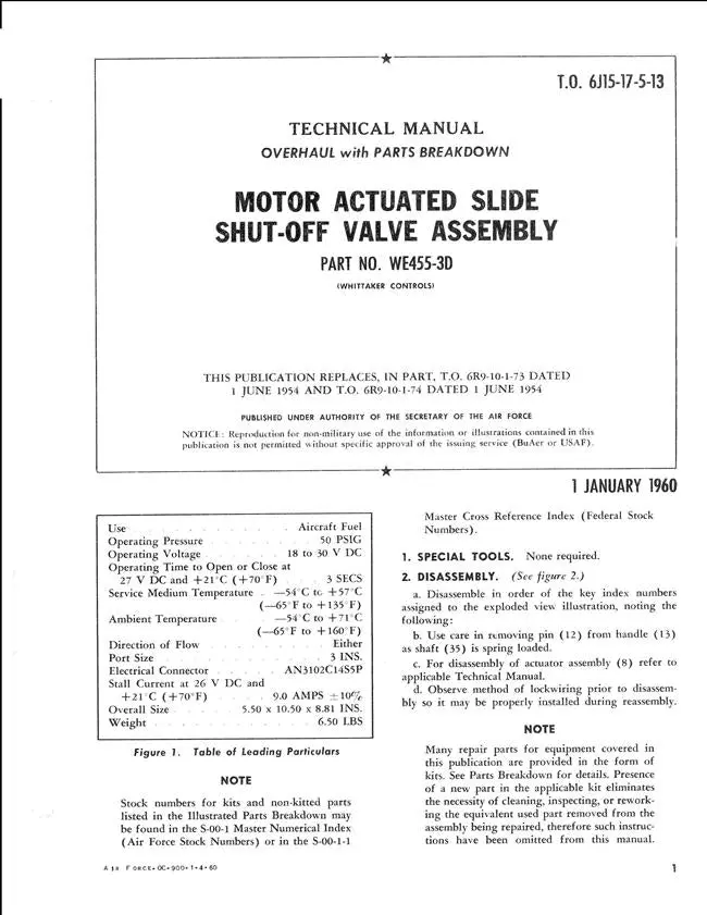 Whittaker Motor Actuated Slide Shut-Off Valve Assembly 1960 Overhaul & Parts Technical Manual (T.O. 6J15-17-5-13) 1