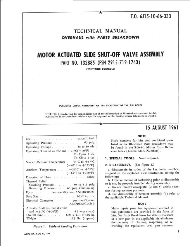Whittaker Motor Actuated Slide Shut-Off Valve Assembly 1961 Overhaul & Parts Technical Manual (T.O. 6J15-10-66-333) 1