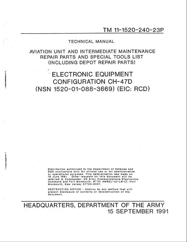Army Model Ch-47D Electronic Equipment Configuration Aviation Unit & Intermediate Maintenance Repair Parts, And Special Tools List (Tm 11-1520-240-23P) 1