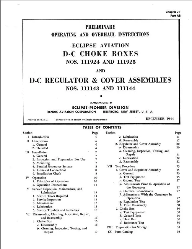Eclipse-Pioneer D-C Choke Boxes Nos. 111924, 111925 & D-C Regulator & Cover Assemblies Nos. 111143, 111144 Preliminary Operating & Overhaul Instructions (Chapter 77 Part Ab) 1