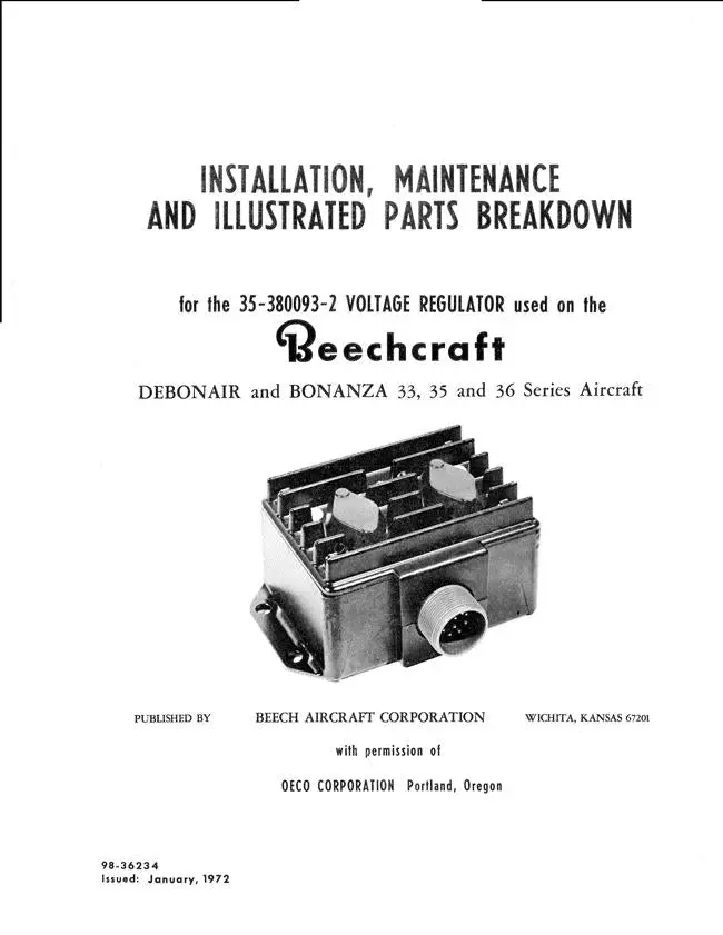 Beechcraft 33, 35, 36 Series 35-380093-2 Voltage Regulator Installation, Maintenance, Illustrated Parts Manual (35-380093-2) 1