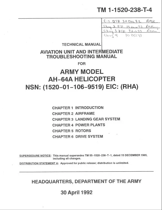 Army Model Ah-64A Helicopter Aviation Unit & Intermediate Troubleshooting Manual (Tm 1-1520-238-T-4) 1