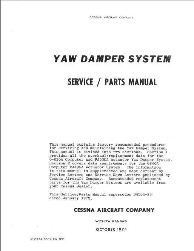 Cessna Yaw Damper System Service Parts Manual 1