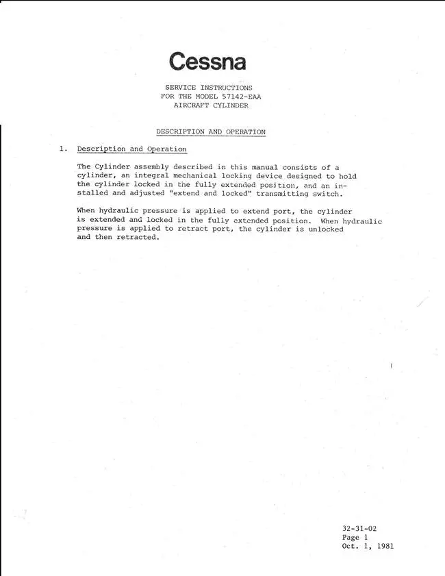 Cessna Model 57142-Eaa Aircraft Cylinder Service Instructions Manual (Part No. 57142-Eaa) 1