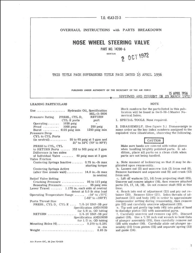 Bertea Nose Wheel Steering Valuve Part No. 14200-6 1972 Overhaul & Parts Manual (Part No. 14200-6) 1