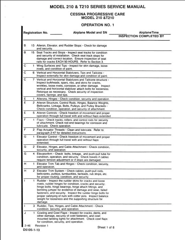 Cessna 210 & T210 Series Service Manual Progressive Care Inspection Sheets 1