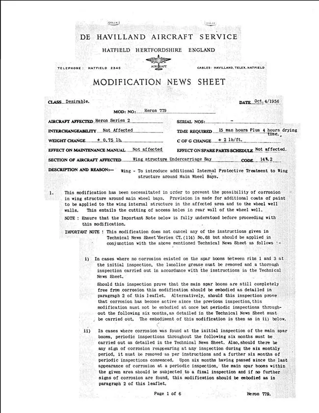 Dehavilland 1956 Modifcation News Sheet 1