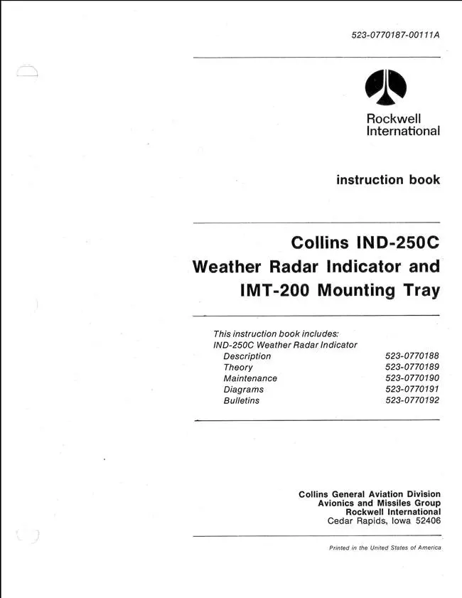 Collins Ind-250C Weather Radar Indicator & Imt-200 Mounting Tray Instruction Book (523-0770187-00111A) 1