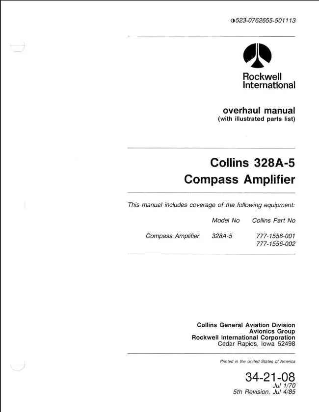 Collins 328A-5 Compass Amplifier Overhaul Manual With Illustrated Parts List (523-0762655-501114) 1