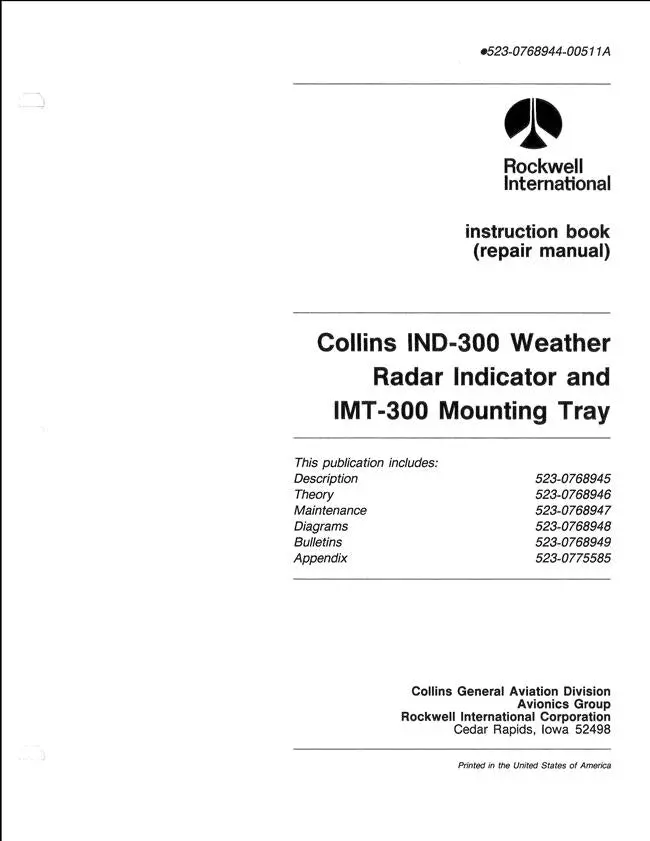 Collins Ind-300 Weather Radar Indicator & Imt-300 Mounting Tray Instruction Book (523-0768944-00511A) 1