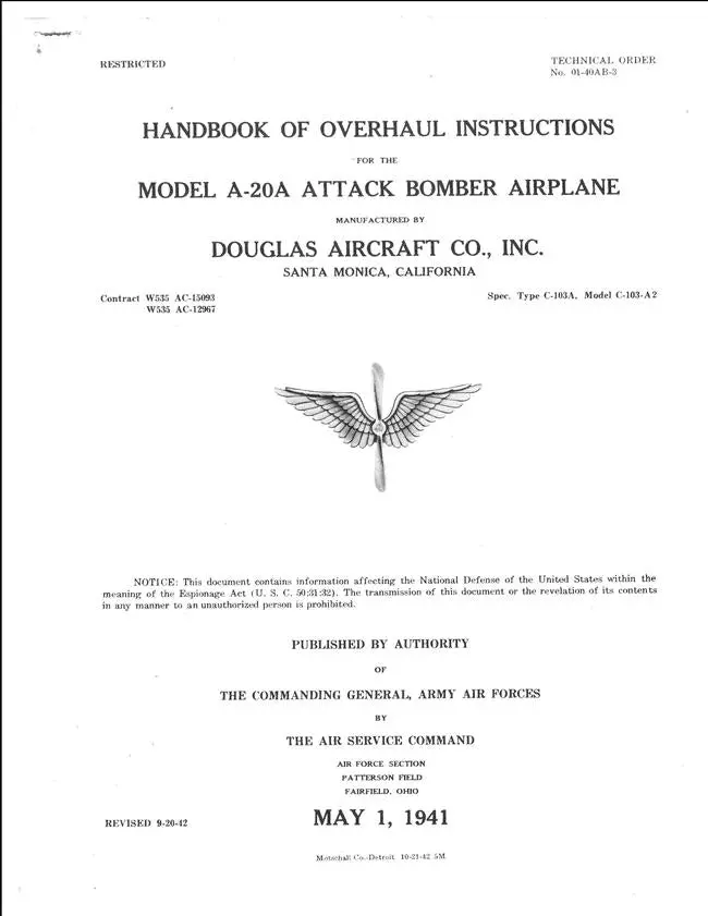 Douglas Model A-20A Attack Bomber Overhaul Instructions Handbook (T.O. 01-40Ab-3) 1