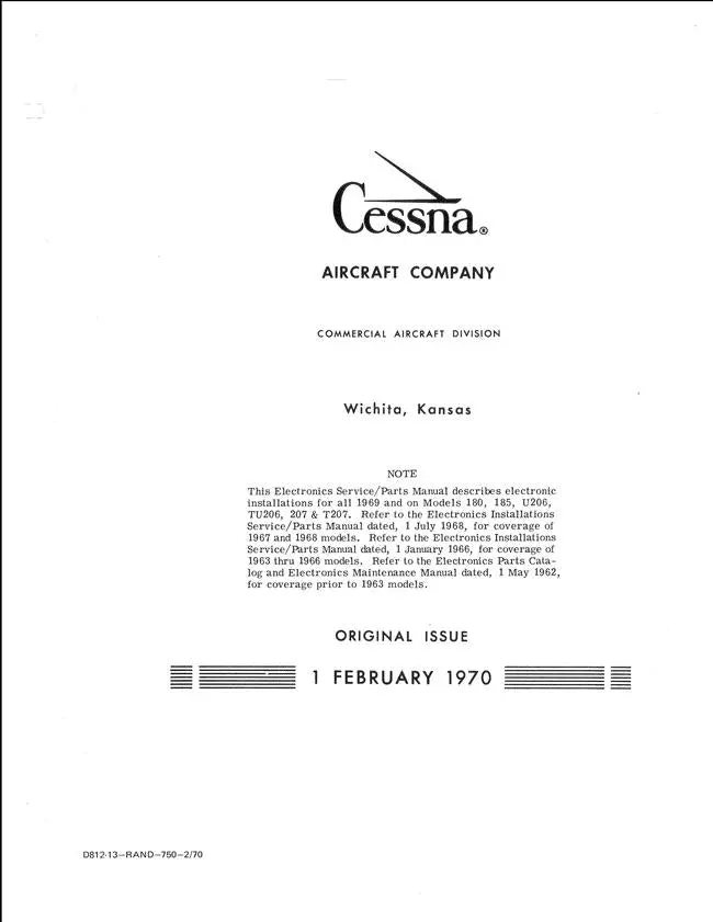 Cessna 180, 185, U206, 207 Series 1969-70 Electronic Installations Service-Parts Manual 1