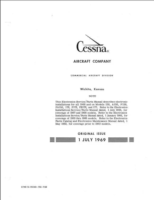 Cessna 1969-70 Models 150, 172, 177 Electronic Installations Service-Parts Manual 1