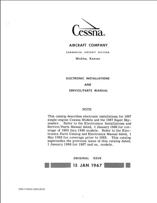 Cessna 1967 Single Engine & Super Skymaster Models Electronic Installations Service-Parts Manual 1
